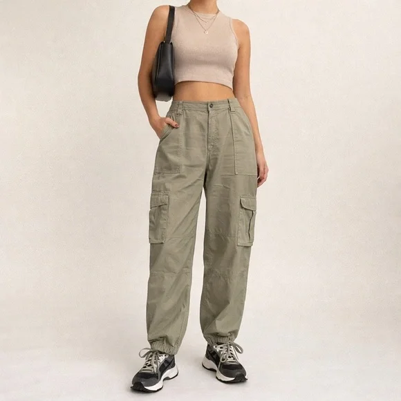 Abercrombie XL Cargo Relaxed Jogger Pants Women’s Tan Beige Cotton Lyocell - Picture 1 of 12